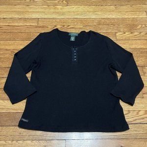 Lauren Ralph Sweater Women's Size Petite Medium PM Black Scoop Neck 100% Cotton
